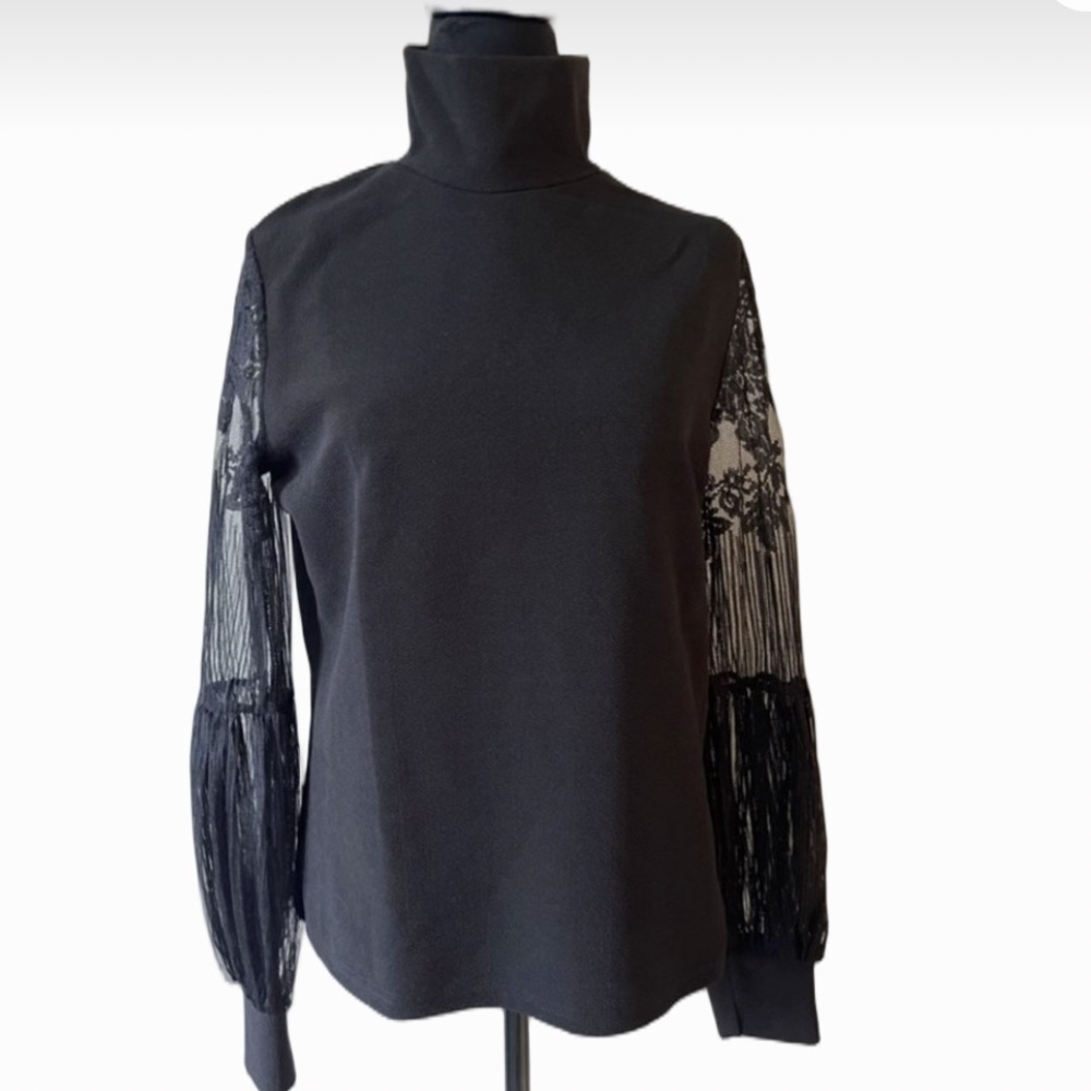 Black lace & puff sleeve mock turtleneck with long lace sleeve with cuffs